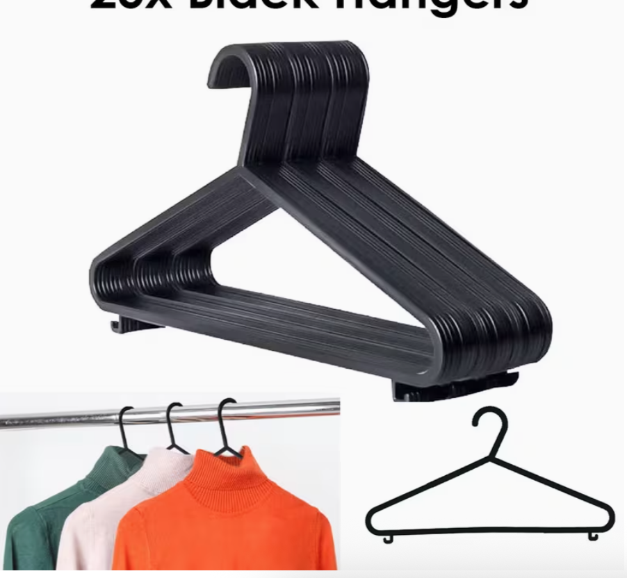 Coat Hangers 10-Pack - Slim Black Plastic Hangers with Trouser Bar